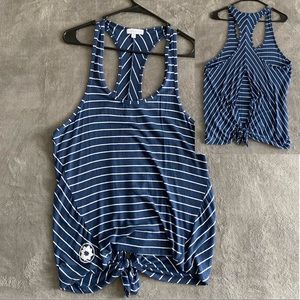 Club Pilates, navy/white stripes, open back w/tie tank, logo on front